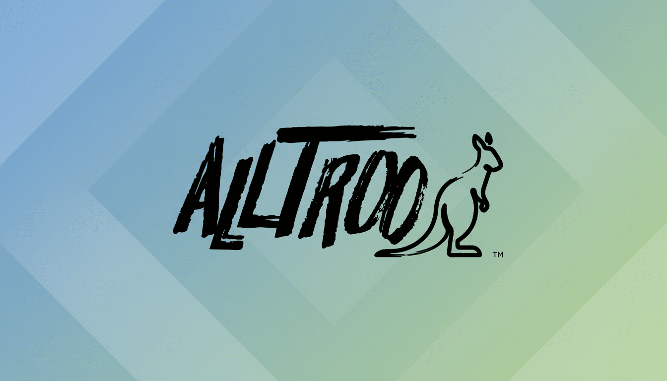 The Alltroo logo, featuring the word Alltroo in a stylized, brushstroke font next to a silhouette of a kangaroo, presented on a professional 16:9 aspect ratio background with soft blue and green gradient patterns.
