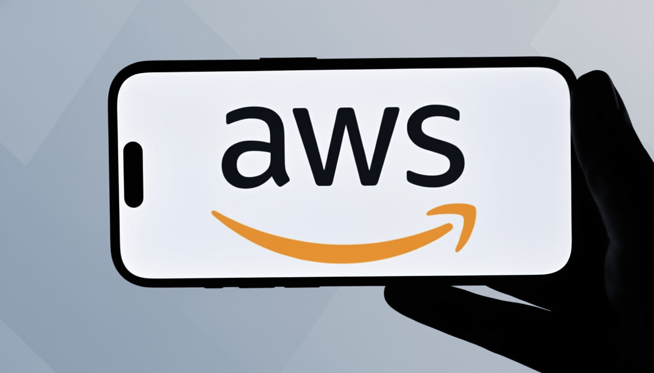 A smartphone displaying the AWS logo on a professional flat design background with soft patterns.