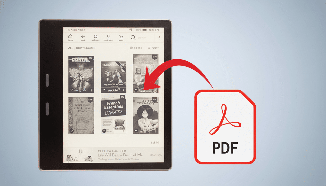 A Kindle e-reader displaying a library of books, with a red arrow pointing from the Kindle to a PDF icon, indicating a conversion or transfer.