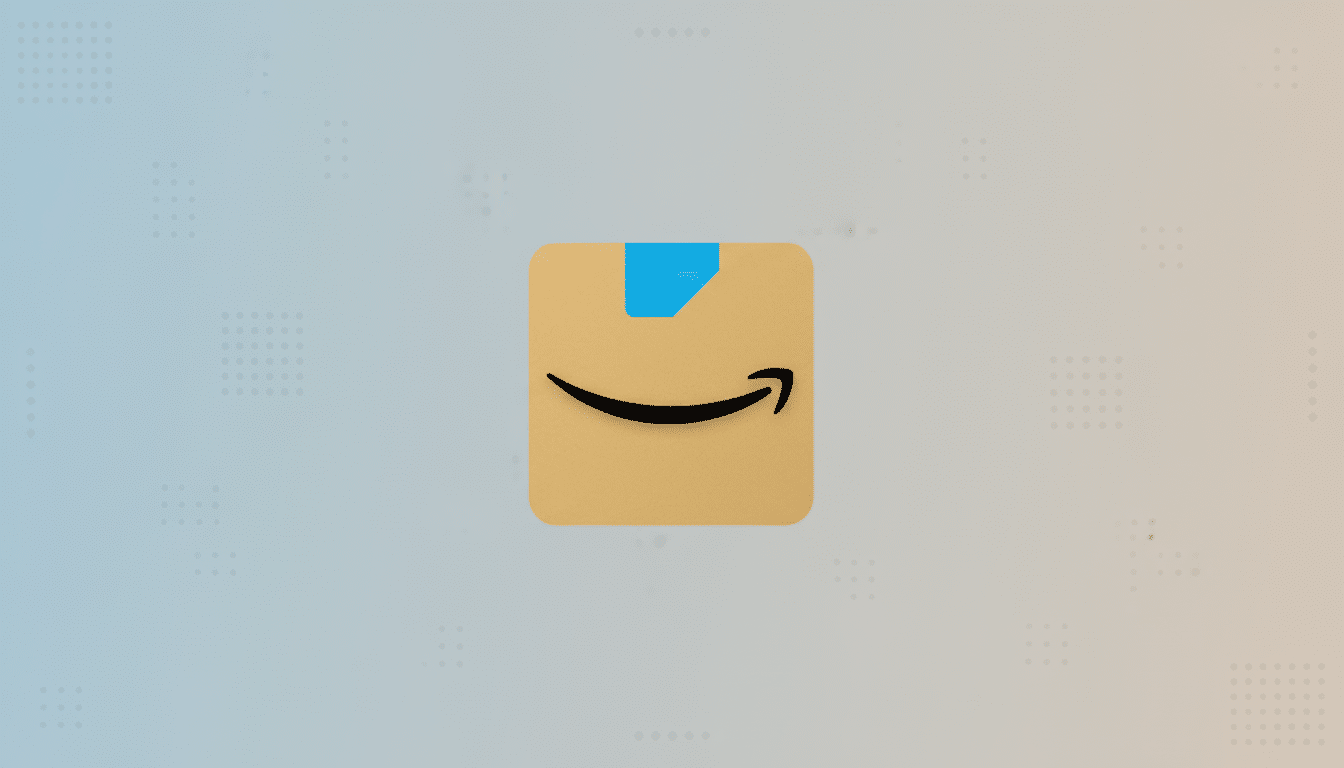 The Amazon app icon, featuring a brown box with a blue tab and the Amazon smile logo, centered on a professional 16:9 background with a soft blue and orange gradient and subtle dot patterns.