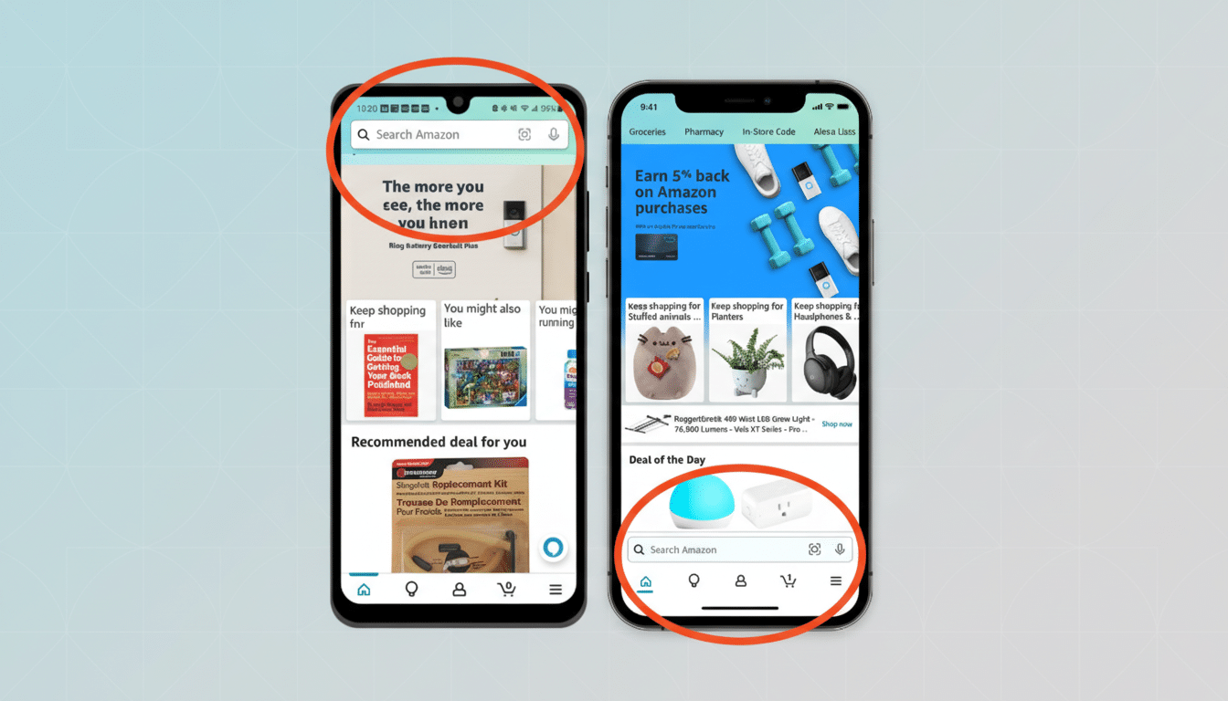 Two smartphones displaying the Amazon app interface, with search bars highlighted by orange circles. The left phone shows a search bar at the top, and the right phone shows a search bar at the bottom.