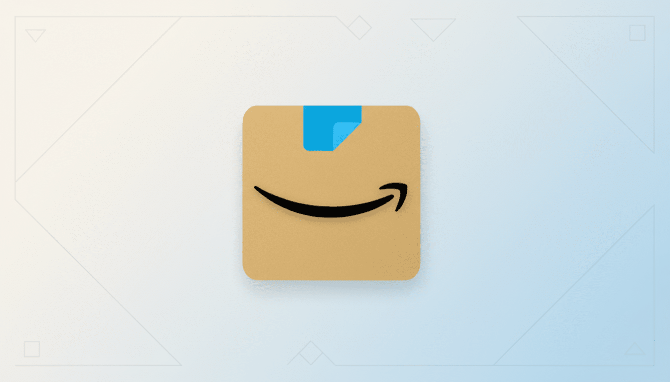 The Amazon app icon, featuring a brown box with a blue tab and the Amazon smile logo, centered on a professional light blue and white gradient background with subtle geometric patterns.