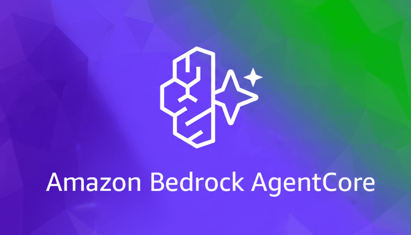 The Amazon Bedrock AgentCore logo, featuring a white outline of a brain-like structure next to a sparkling star, centered above the text Amazon Bedrock AgentCore in white, all set against a purple and green gradient background with a subtle polygonal pattern.