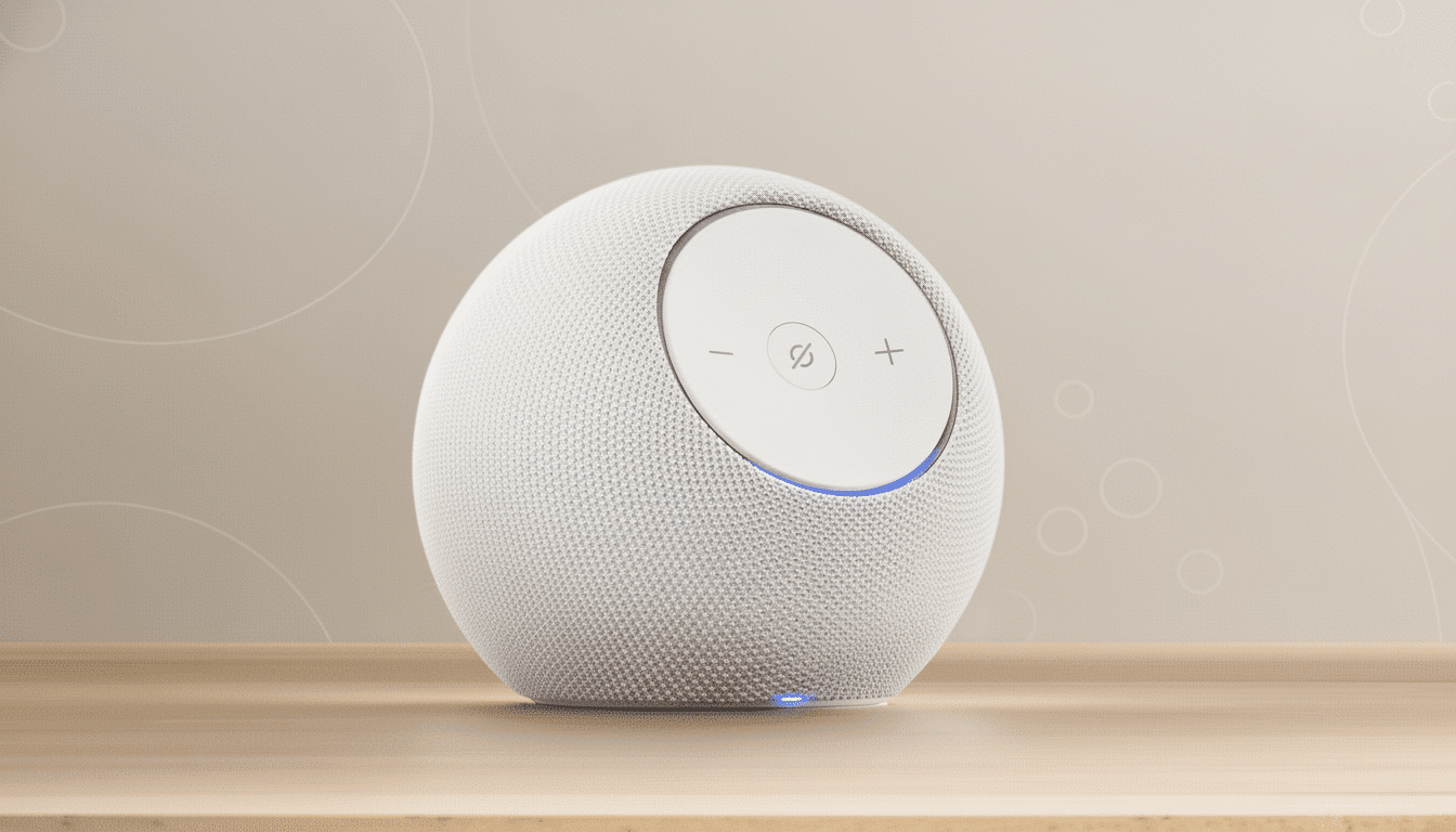 A white spherical smart speaker with a circular touch interface on top, featuring volume controls and a mute button, sits on a light wooden surface against a soft beige background with subtle circular patterns.