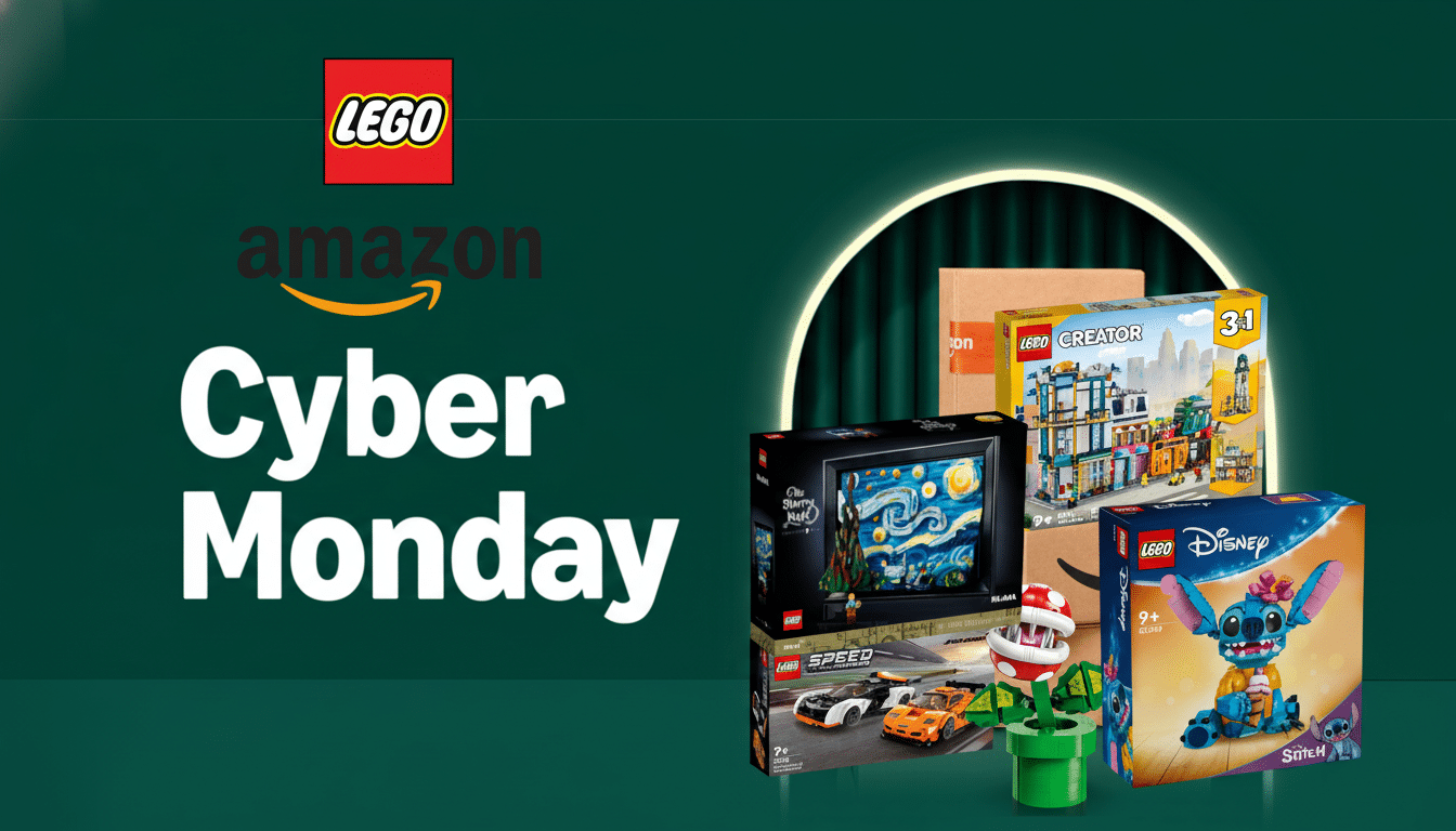 A promotional image for Cyber Monday featuring LEGO products available on Amazon. The image has a dark green background with the LEGO logo and Amazon logo at the top. Cyber Monday is written in large white letters on the left. On the right, various LEGO sets are displayed, including The Starry Night, Creator, Speed Champions, and a Disney Stitch set, all within a glowing circular outline.