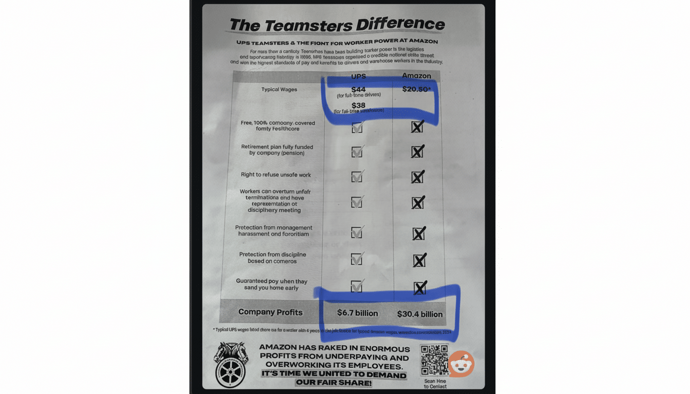 A document titled The Teamsters Difference comparing UPS and Amazon worker benefits and company profits.