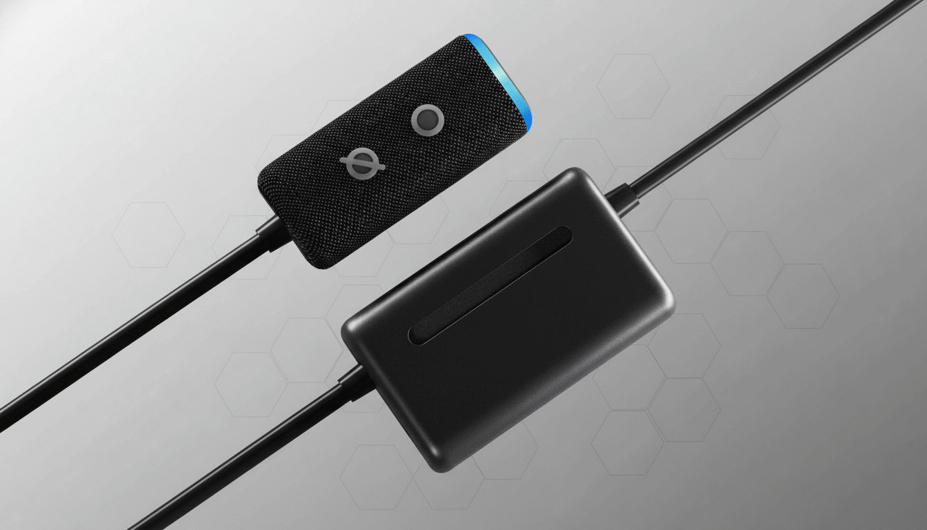 A black cylindrical speaker with a blue light on top and a black rectangular device connected by a cable, presented on a professional gray background with subtle hexagonal patterns.