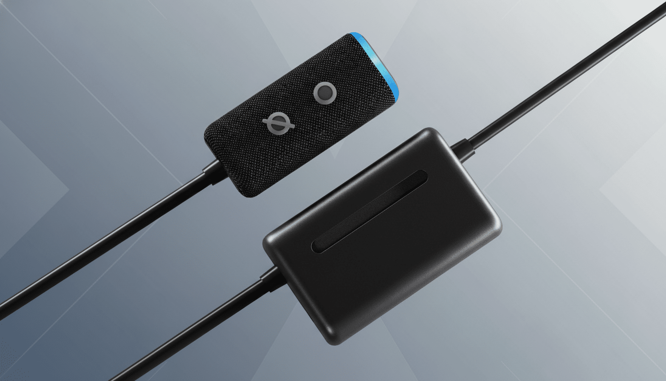 A black cylindrical microphone with a blue light on top and a black rectangular control box, both connected by black cables, set against a professional flat design background with soft patterns and gradients.