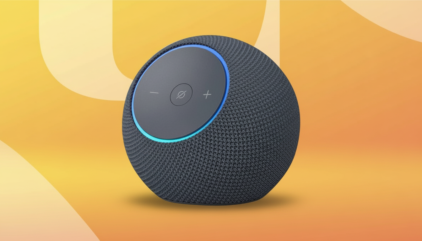 A dark gray spherical smart speaker with a glowing blue ring and control buttons on top, set against a professional gradient background with soft, abstract patterns.