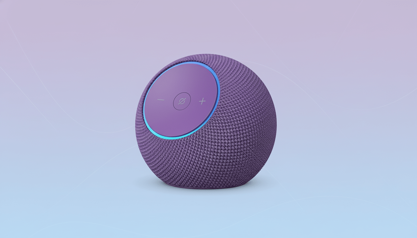 A purple spherical smart speaker with a glowing blue ring and control buttons on top, set against a professional flat design background with soft purple and blue gradients.