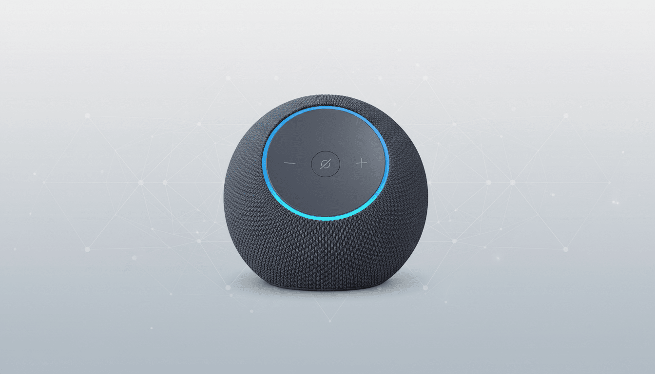 A dark gray spherical smart speaker with a glowing blue ring and control buttons on top, set against a professional light gray background with subtle geometric patterns.