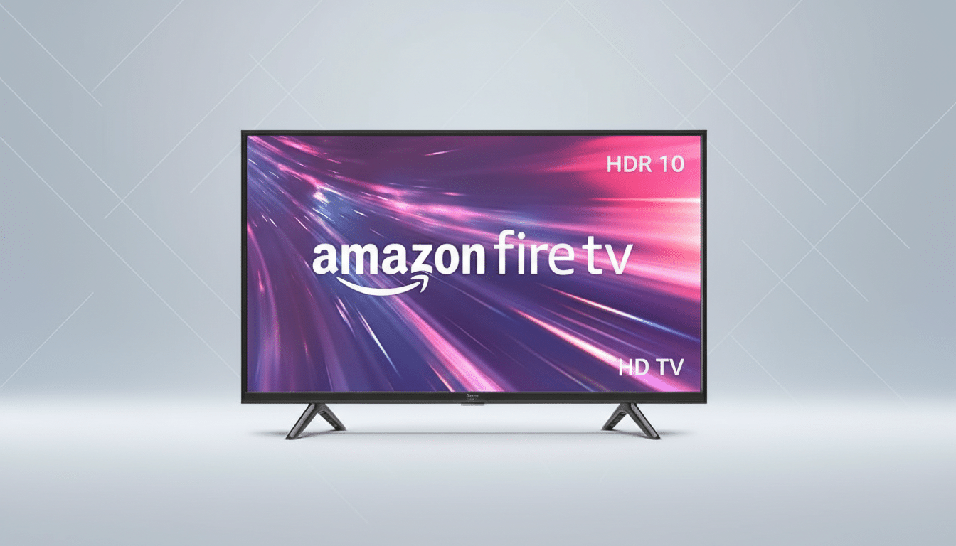 A 16:9 aspect ratio image of an Amazon Fire TV, professionally enhanced with a clean, light gray background featuring subtle geometric patterns.