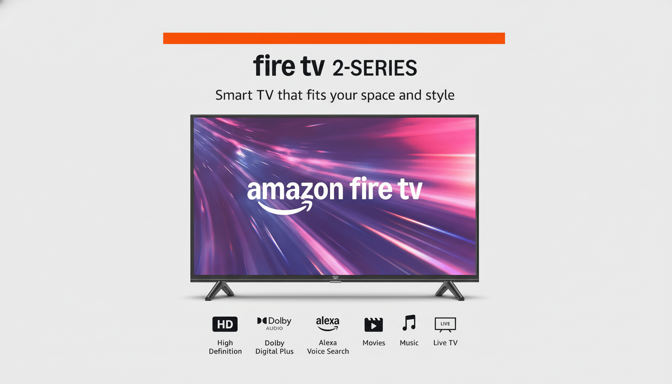 A professional image of an Amazon Fire TV 2-Series television, resized to a 16:9 aspect ratio. The TV displays the amazon fire tv logo with a vibrant, abstract background. Below the TV are icons and text highlighting features like HD, Dolby Audio, Alexa Voice Search, Movies, Music, and Live TV. The overall background is a clean, light gray with a subtle orange bar at the top.