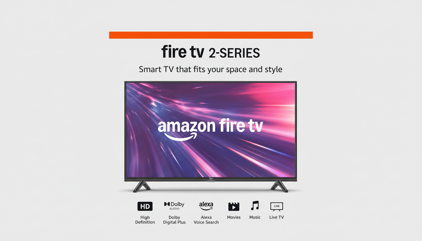 A 16:9 aspect ratio image of an Amazon Fire TV 2-Series smart TV with a professional flat design background.