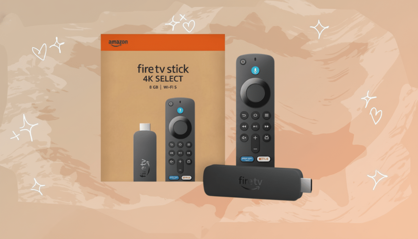 An Amazon Fire TV Stick 4K Select box with two remote controls and the Fire TV Stick device itself, set against a soft, professional background with subtle patterns.