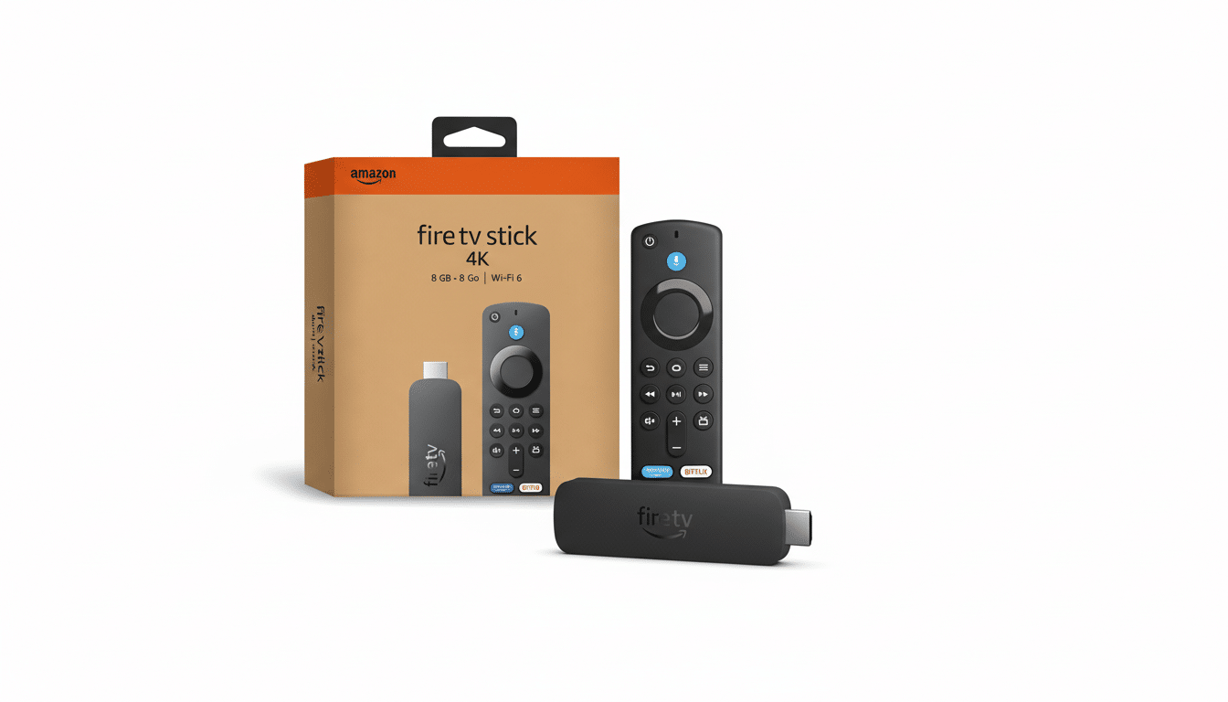 A 16:9 aspect ratio image of an Amazon Fire TV Stick 4K, its remote, and its packaging, presented on a clean white background.