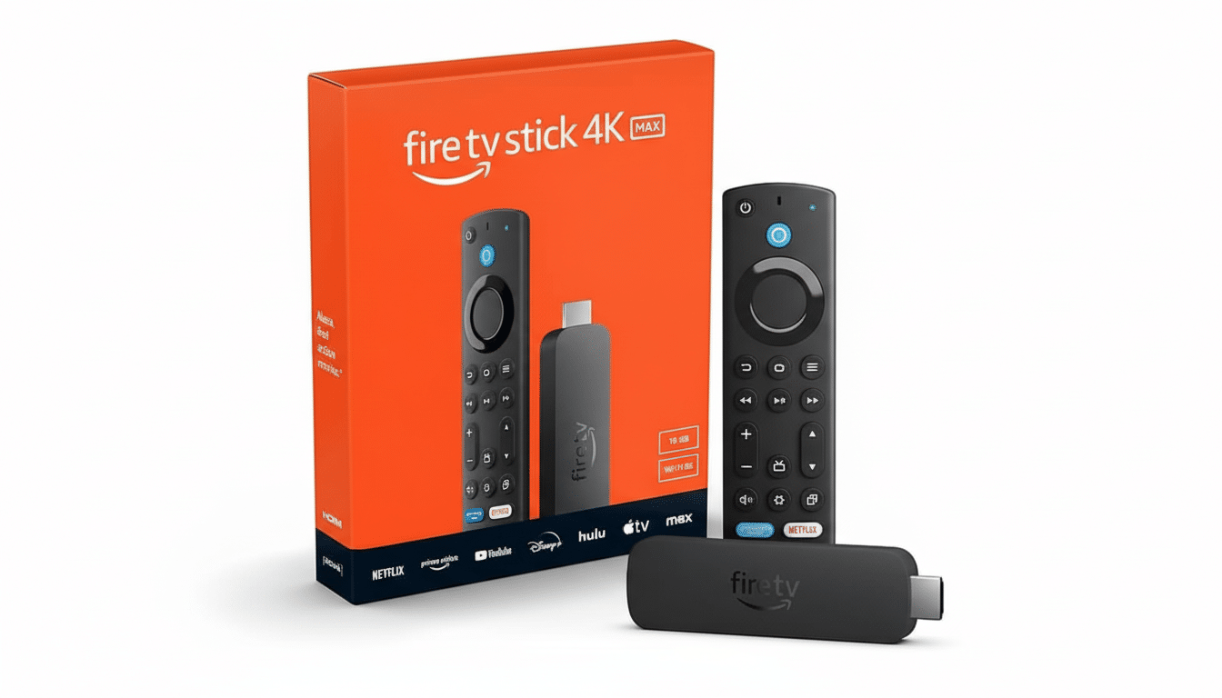 A Fire TV Stick 4K Max box, remote, and stick are displayed on a white background.