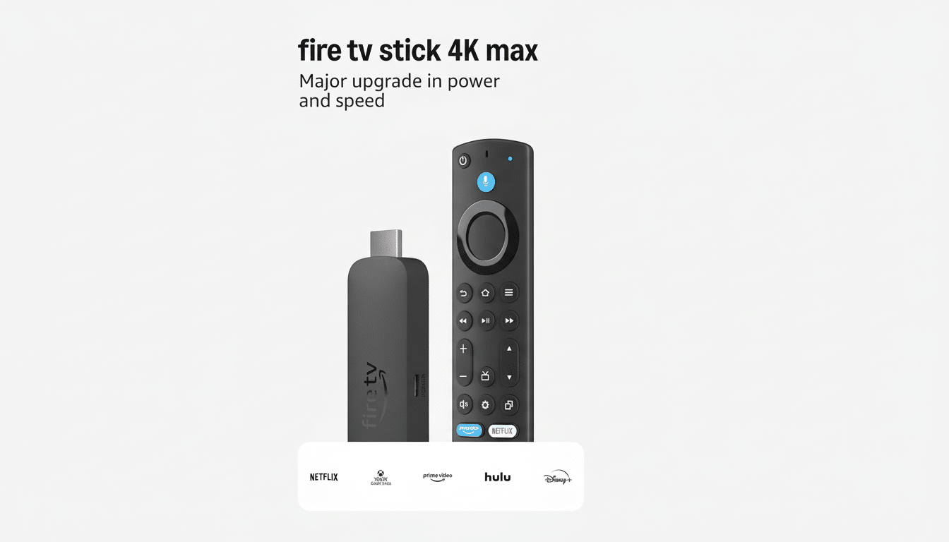 A 16:9 aspect ratio image of the Fire TV Stick 4K Max and its remote control, with text fire tv stick 4K max Major upgrade in power and speed and logos for Netflix, Xbox Game Pass, Prime Video, Hulu, and Disney+ below.