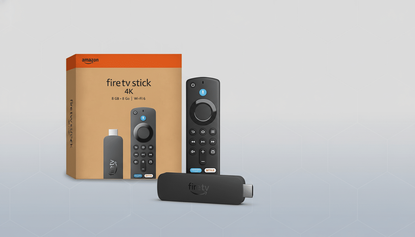 A 16:9 aspect ratio image of an Amazon Fire TV Stick 4K, its remote, and its packaging, set against a professional flat design background with soft patterns.