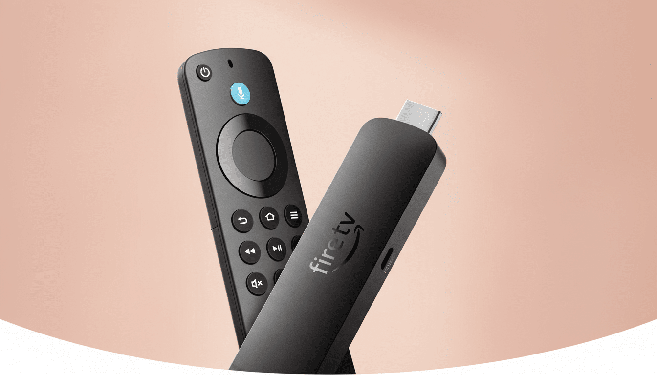 A black Amazon Fire TV Stick and its remote control are angled against a soft, light pink background.