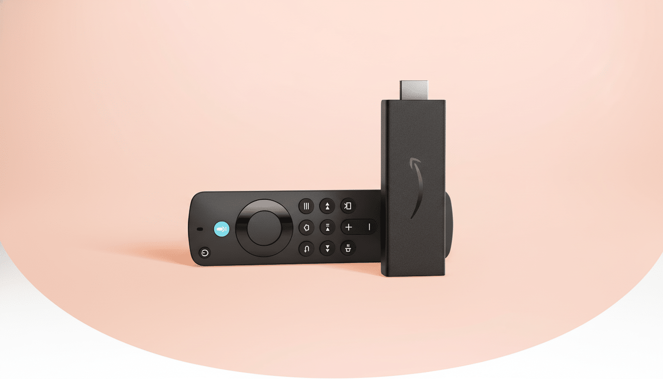 A black Amazon Fire TV Stick and its remote control are displayed on a light peach background. The remote is lying horizontally, and the Fire TV Stick is standing upright, leaning against the remote.