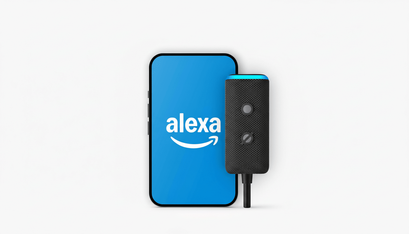 A smartphone displaying the Alexa logo on a blue screen, positioned next to a black Amazon Echo Auto device with a glowing blue light, all set against a clean, professional light gray background.