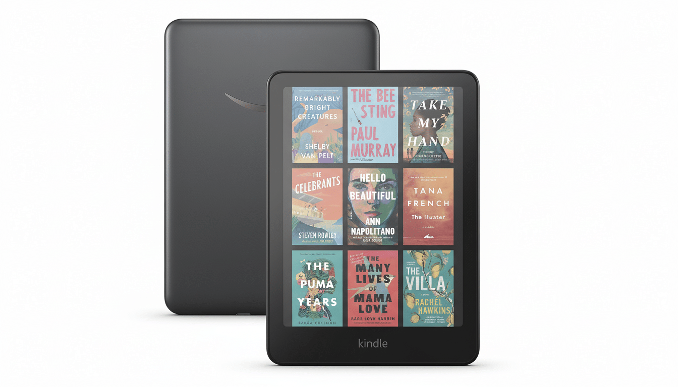 A black Kindle e-reader displaying nine book covers on its screen, with another black Kindle device positioned behind it, all set against a clean white background.