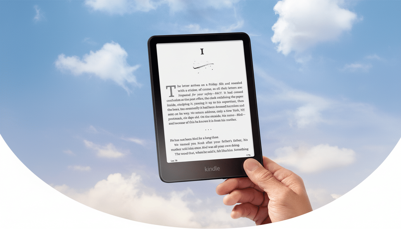 A hand holding a Kindle e-reader with text displayed on the screen, set against a cloudy sky background.