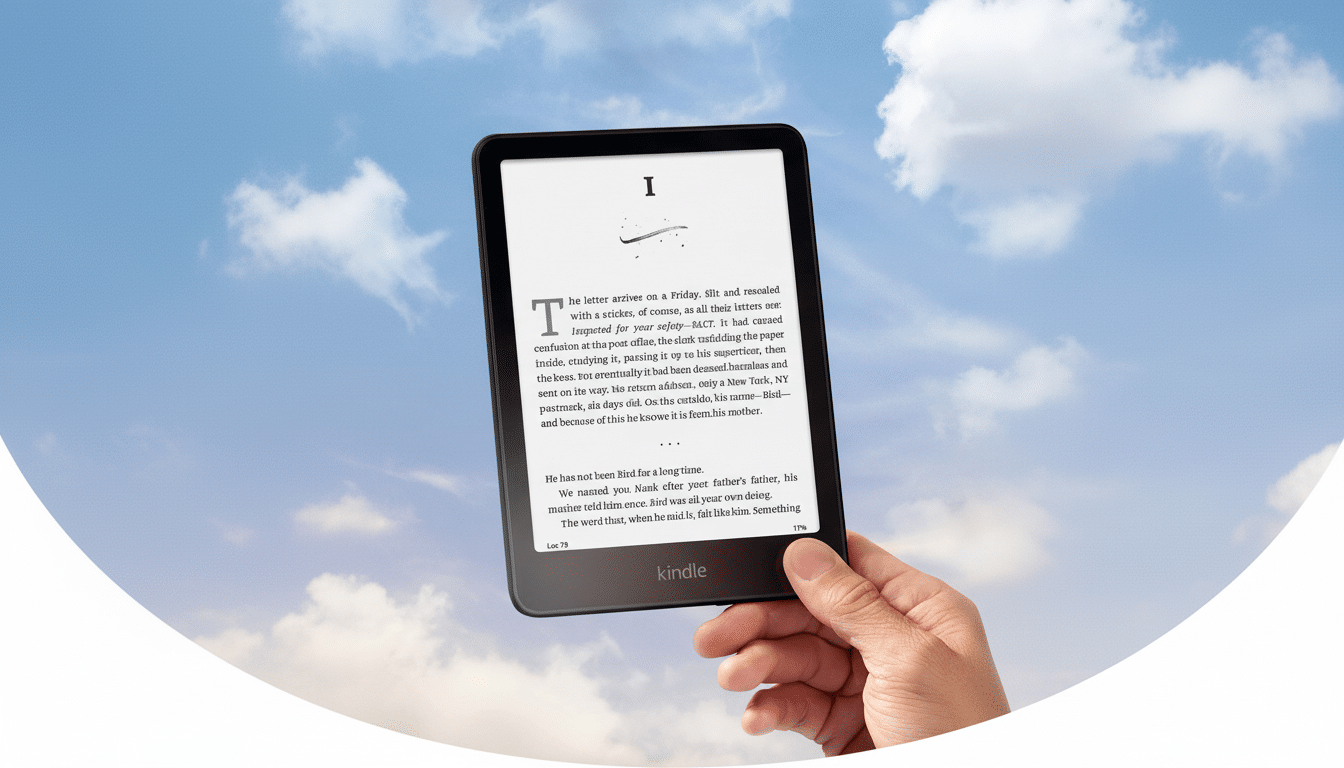 A hand holds a Kindle e-reader displaying text, set against a bright blue sky with clouds.