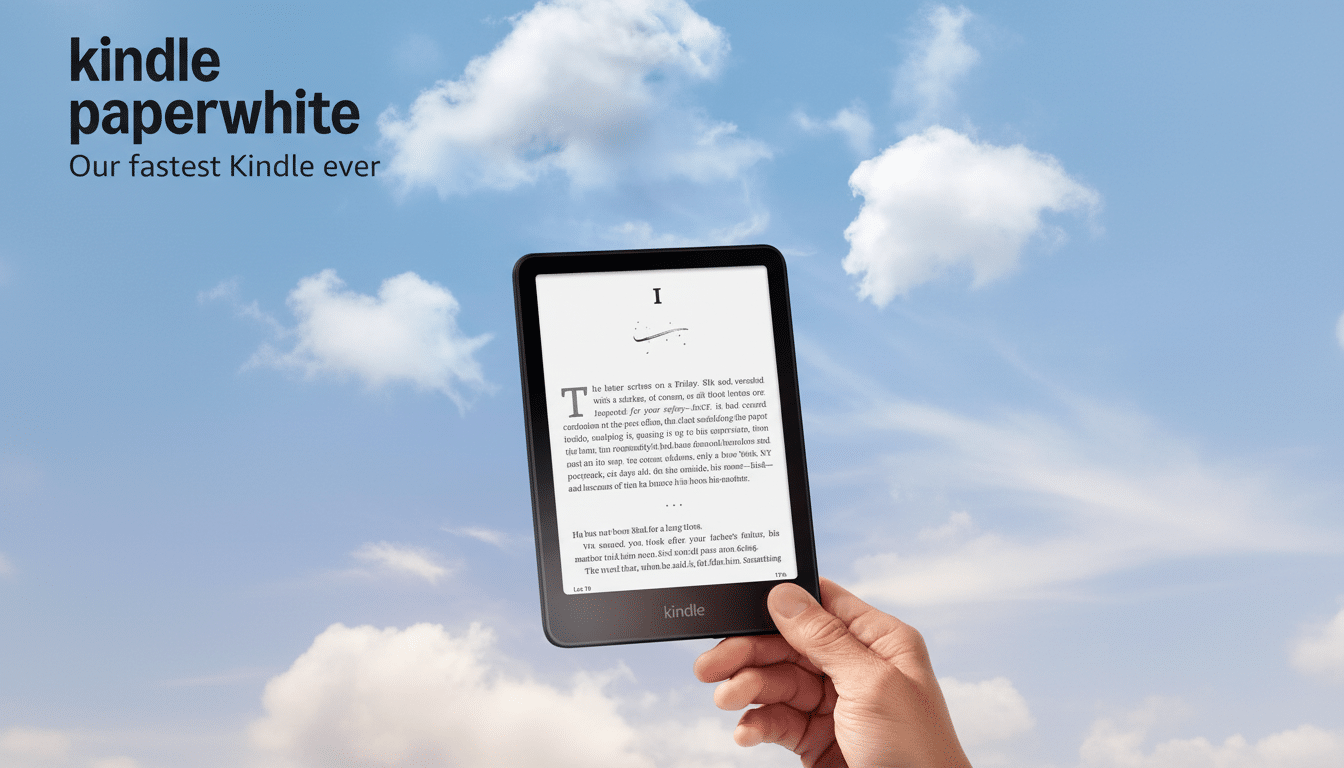 A hand holding a Kindle Paperwhite e-reader against a blue sky with clouds. The screen displays text from a book. The top left corner of the image has kindle paperwhite Our fastest Kindle ever written in white text.