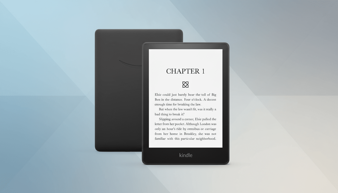 A black Amazon Kindle e-reader with a book open to Chapter 1 on its screen, set against a professional flat design background with soft blue and grey gradients.