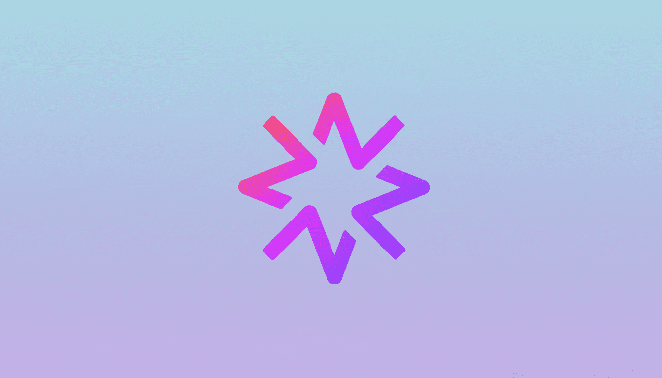 A gradient pink and purple star-like logo on a soft blue and purple gradient background with a subtle hexagonal pattern.