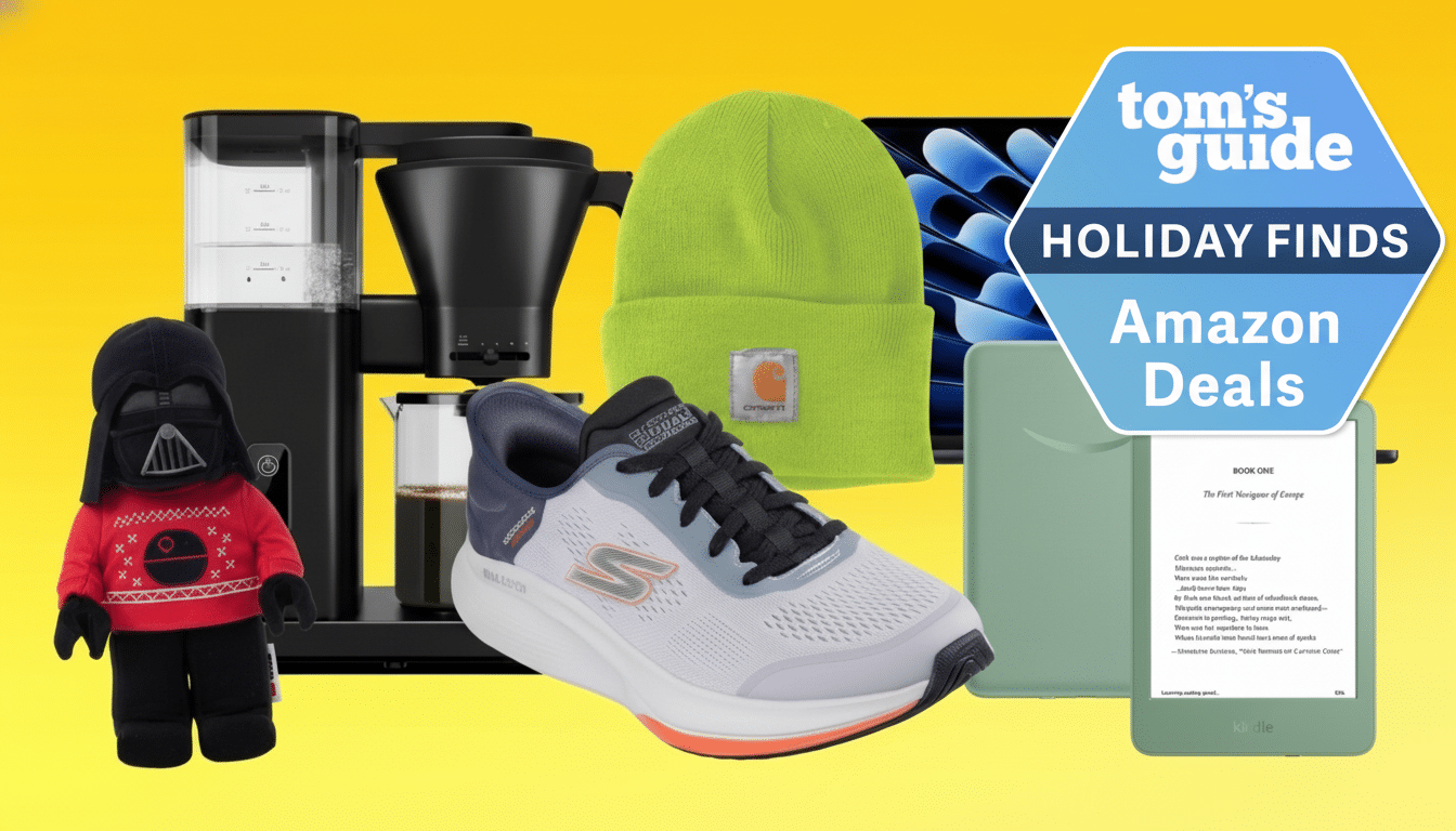 A collection of holiday gift items including a Darth Vader plush, a coffee maker, a green beanie, a pair of Skechers sneakers, a tablet, and an e-reader, all set against a yellow background with a Toms Guide Holiday Finds Amazon Deals overlay.