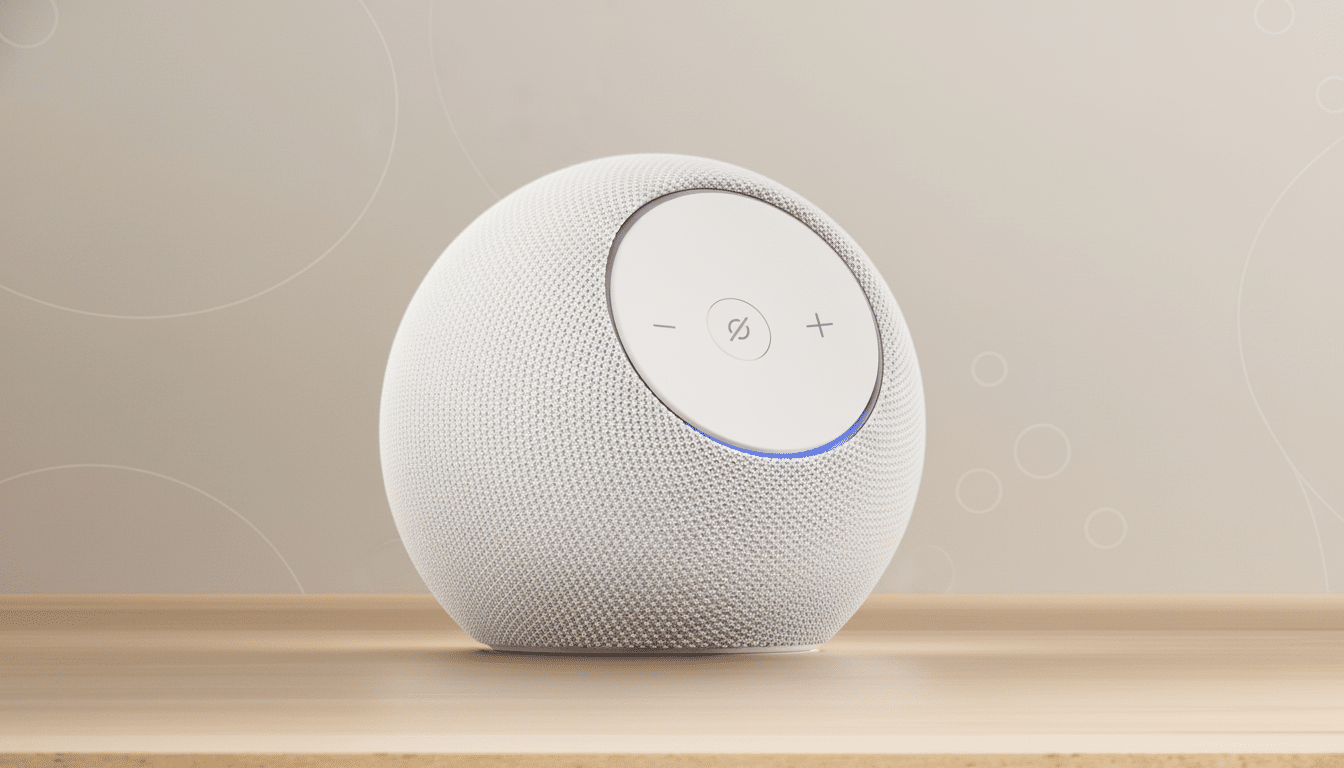 A white, egg-shaped smart speaker with a circular control panel on its front, featuring volume and mute buttons, sits on a light wooden surface against a soft, patterned beige background.