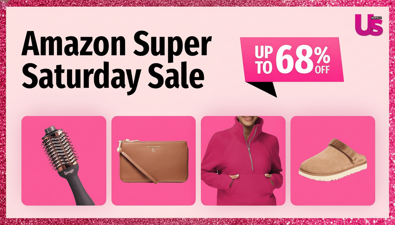 An advertisement for an Amazon Super Saturday Sale with Up to 68% Off, featuring four product images: a hair dryer brush, a brown leather clutch, a pink athletic jacket, and a tan slipper.