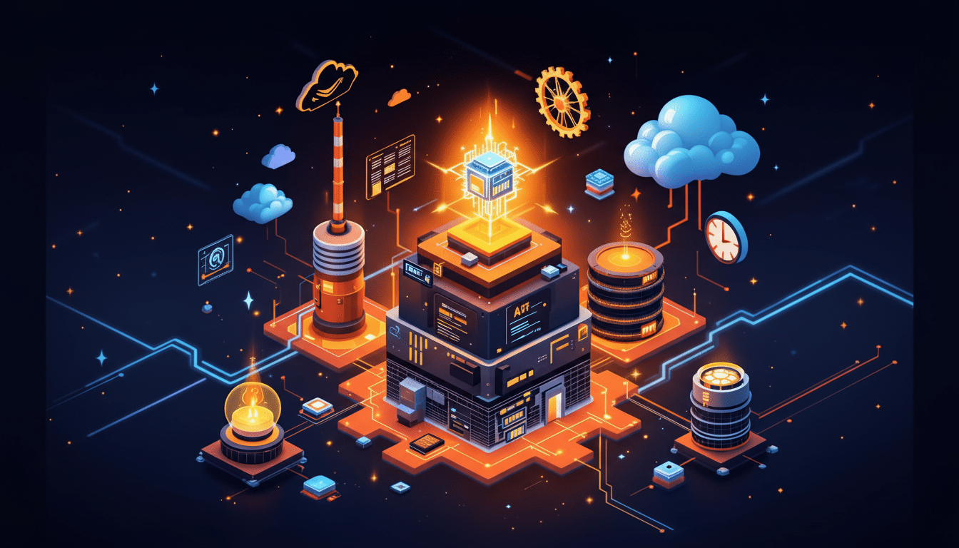An isometric illustration of a data center with glowing orange and blue elements, representing cloud computing and data processing.