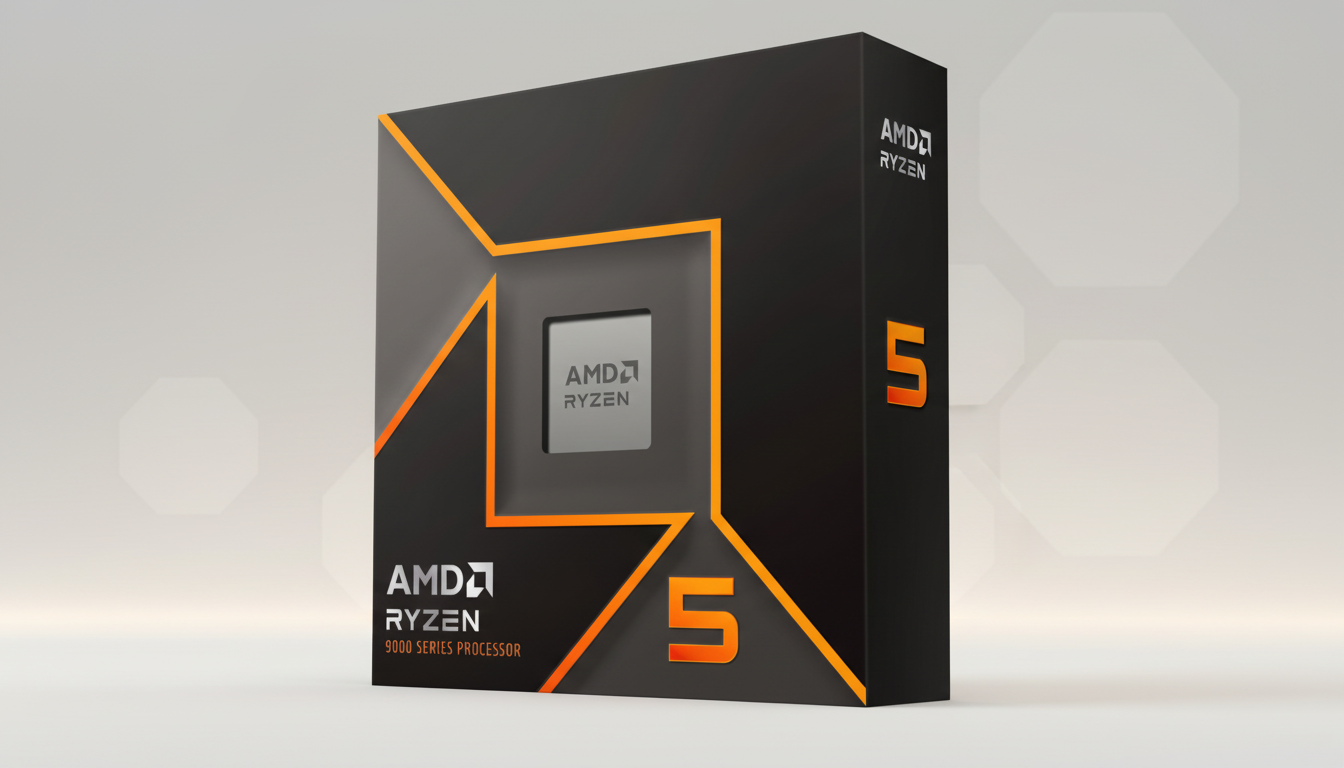A professional, enhanced image of an AMD Ryzen 5 9000 Series Processor box, set against a clean, light gray background with subtle geometric patterns, resized to a 16:9 aspect ratio.