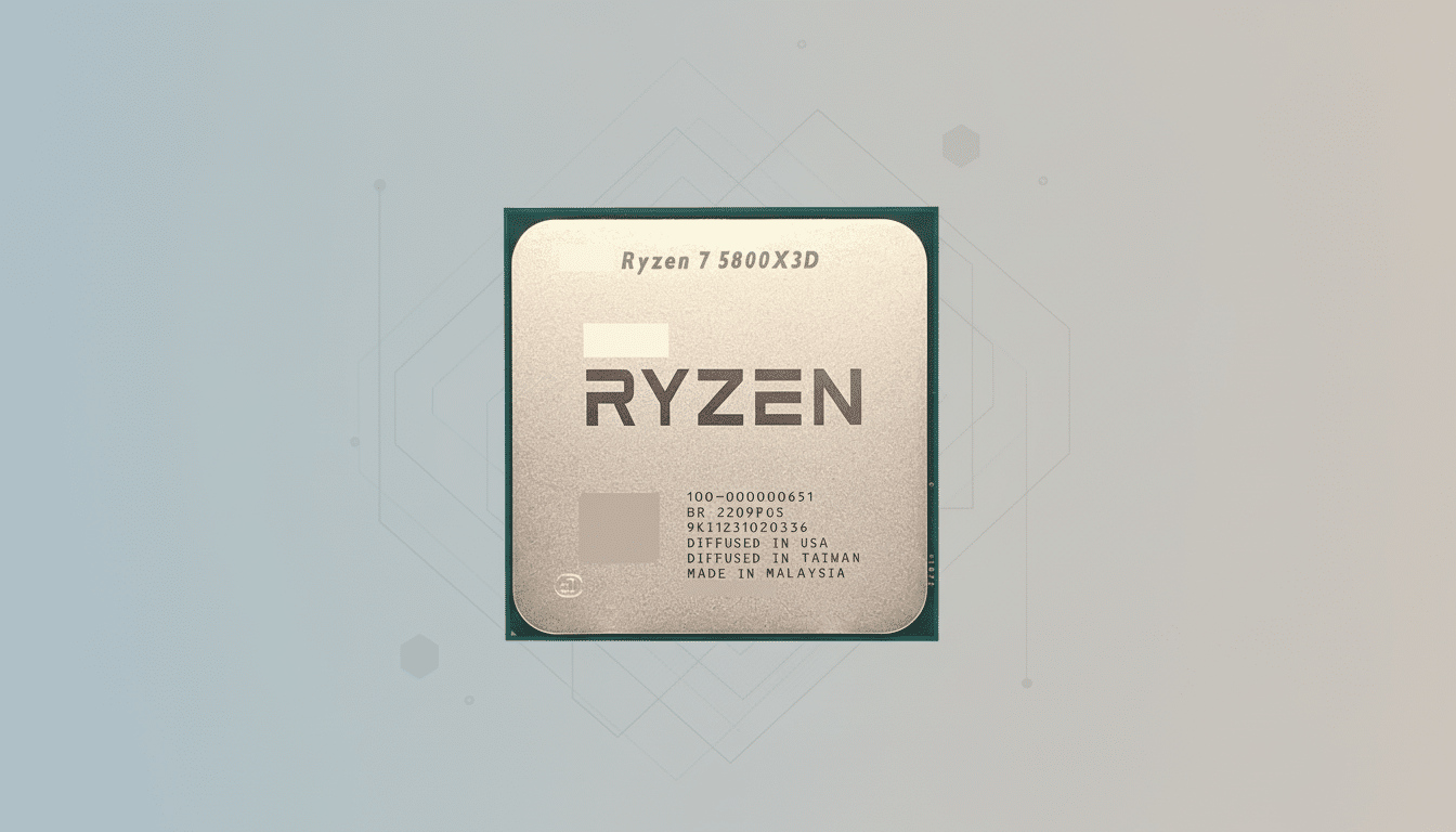 A 16:9 aspect ratio image of an AMD Ryzen 7 5800X3D processor on a professional flat design background with soft patterns and gradients.