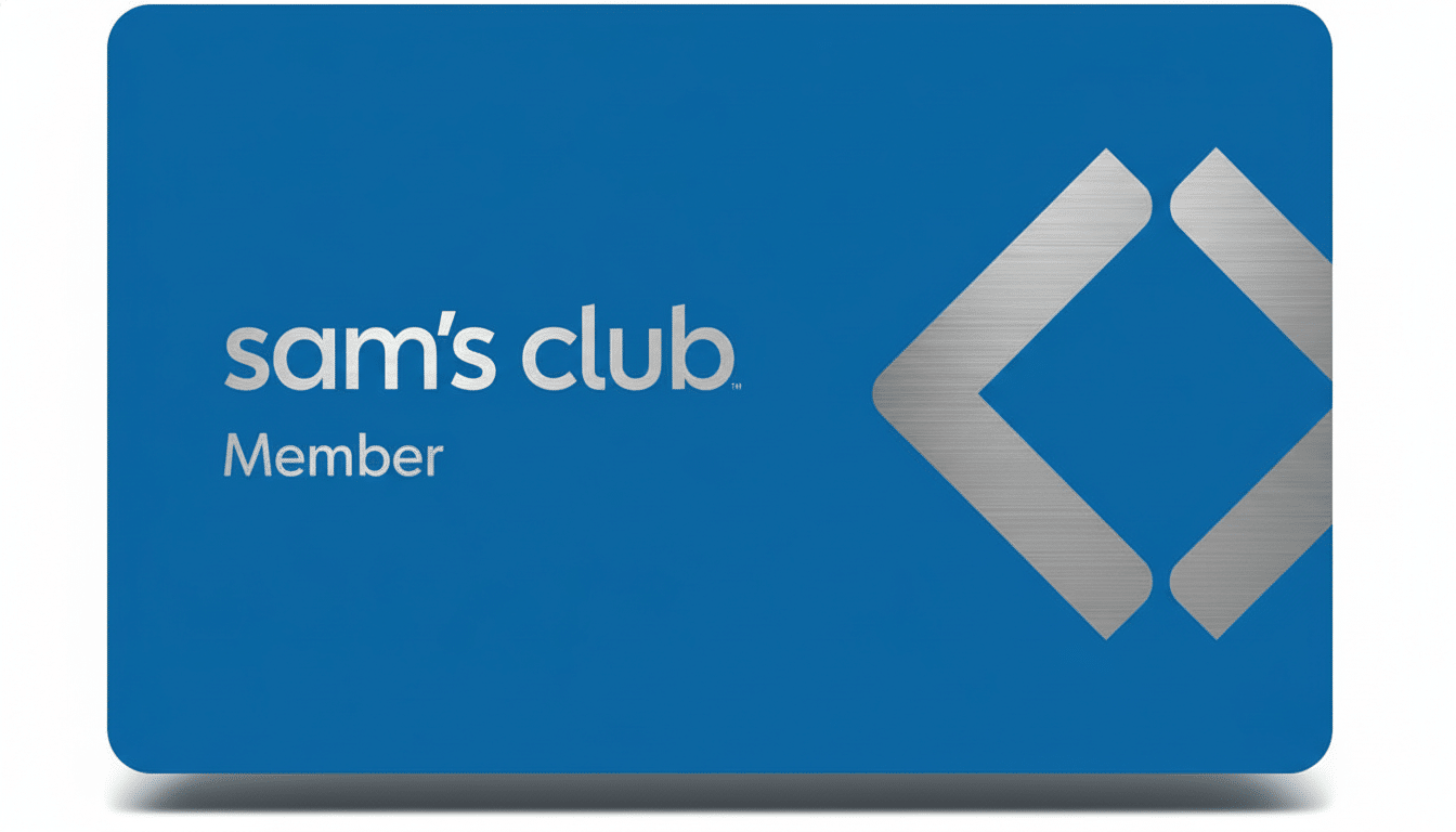 A Sams Club Member card with a blue background and silver lettering, resized to a 16:9 aspect ratio with a subtle shadow effect.
