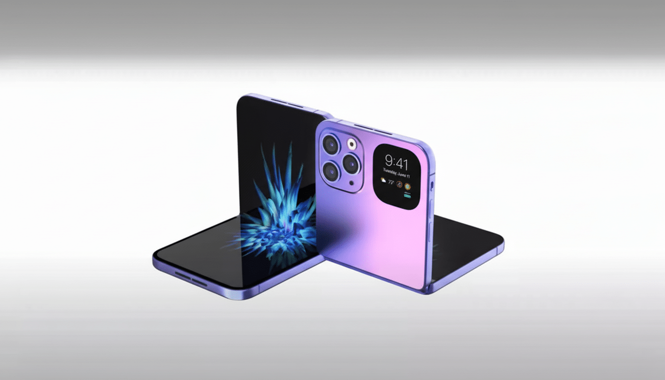 A purple smartphone with a large camera array on the back, standing upright and leaning against another purple smartphone lying flat, both against a clean, professional gradient background.