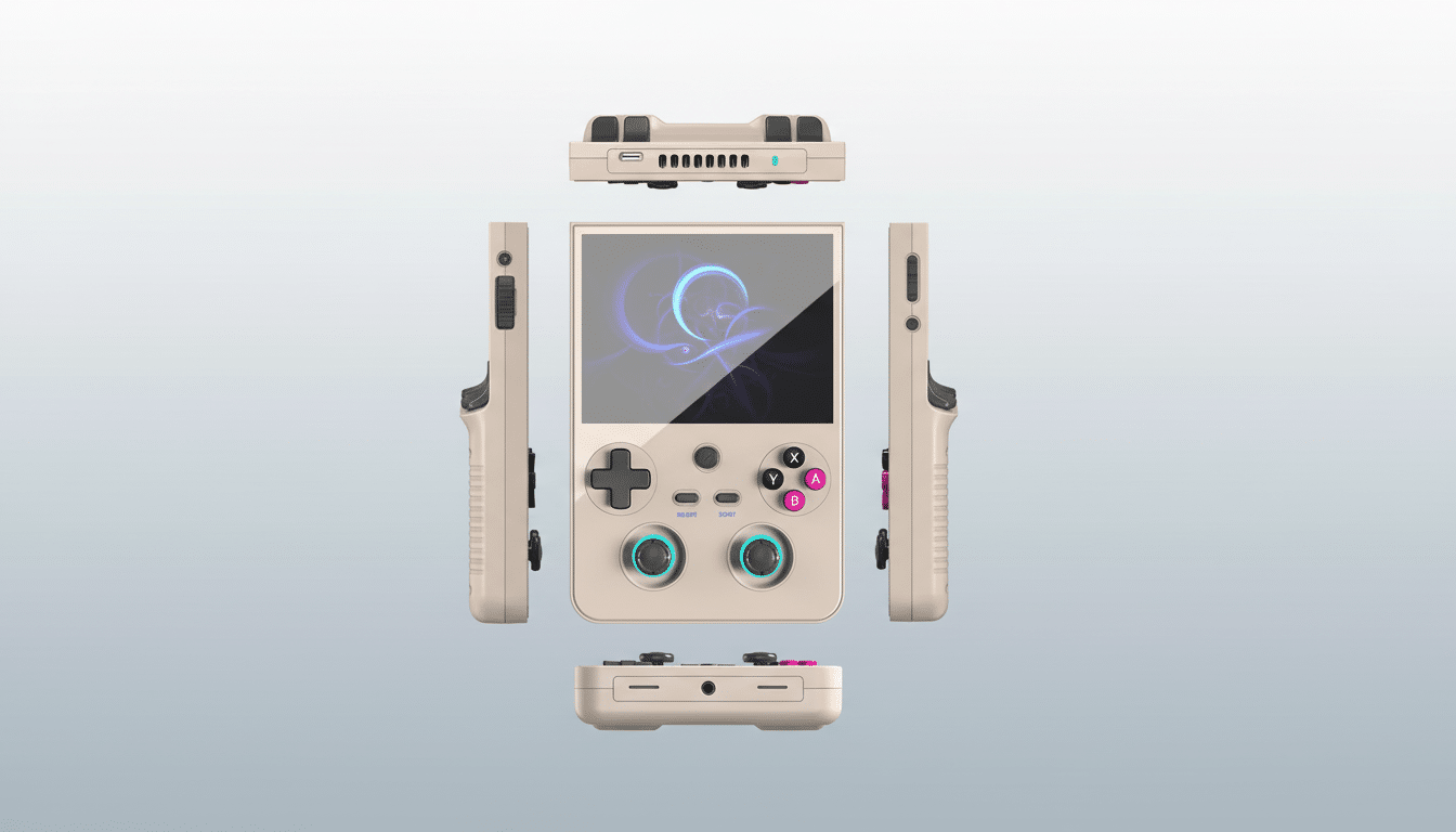A beige handheld gaming console is displayed from multiple angles against a professional flat design background with soft gradients. The main console is shown from the front, back, top, bottom, left, and right sides. The screen on the front view displays a purple and blue abstract design.