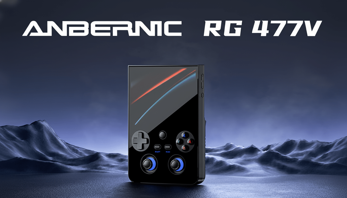 A black Anbernic RG 477V handheld gaming device is centered against a dark blue background with subtle, stylized mountain-like shapes in the foreground. The device features a screen with red and blue diagonal lines, a directional pad, and colorful action buttons. The text ANBERNIC RG 477V is prominently displayed in white at the top of the image.
