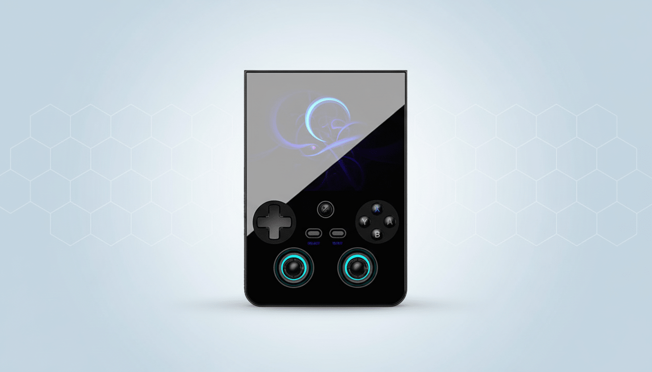 A black handheld gaming device with a glossy screen displaying a blue and purple abstract design, featuring a directional pad, four action buttons, and two joysticks with blue glowing rings, set against a light blue background with a subtle hexagonal pattern.