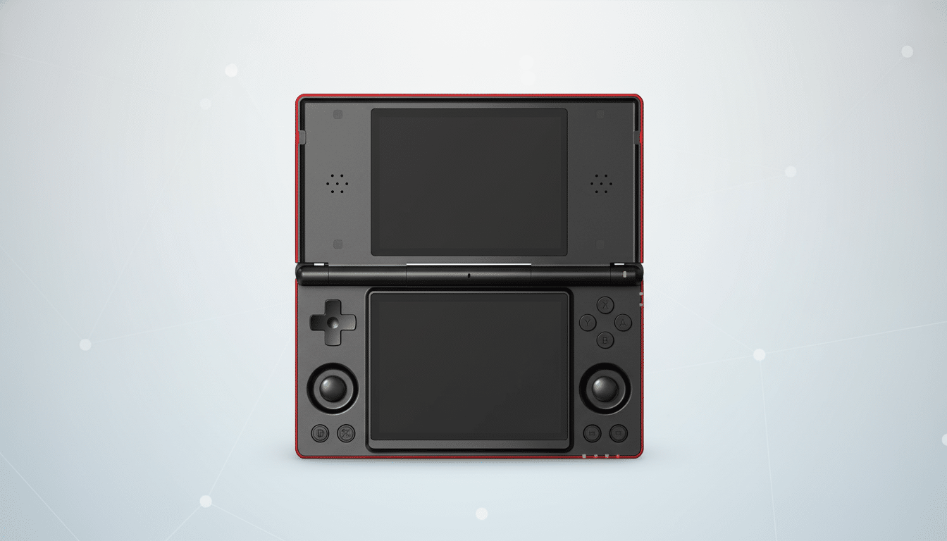 A red and black Nintendo 3DS handheld console, open and viewed from the front, set against a professional light gray background with subtle geometric patterns.