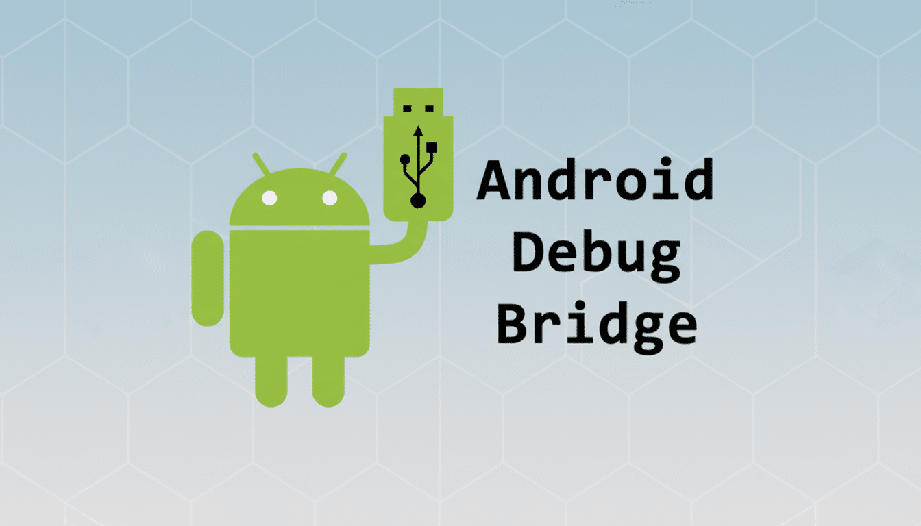 The Android Debug Bridge logo, featuring the green Android robot holding a USB drive, with the text Android Debug Bridge in black, all set against a professional light blue and grey geometric background.