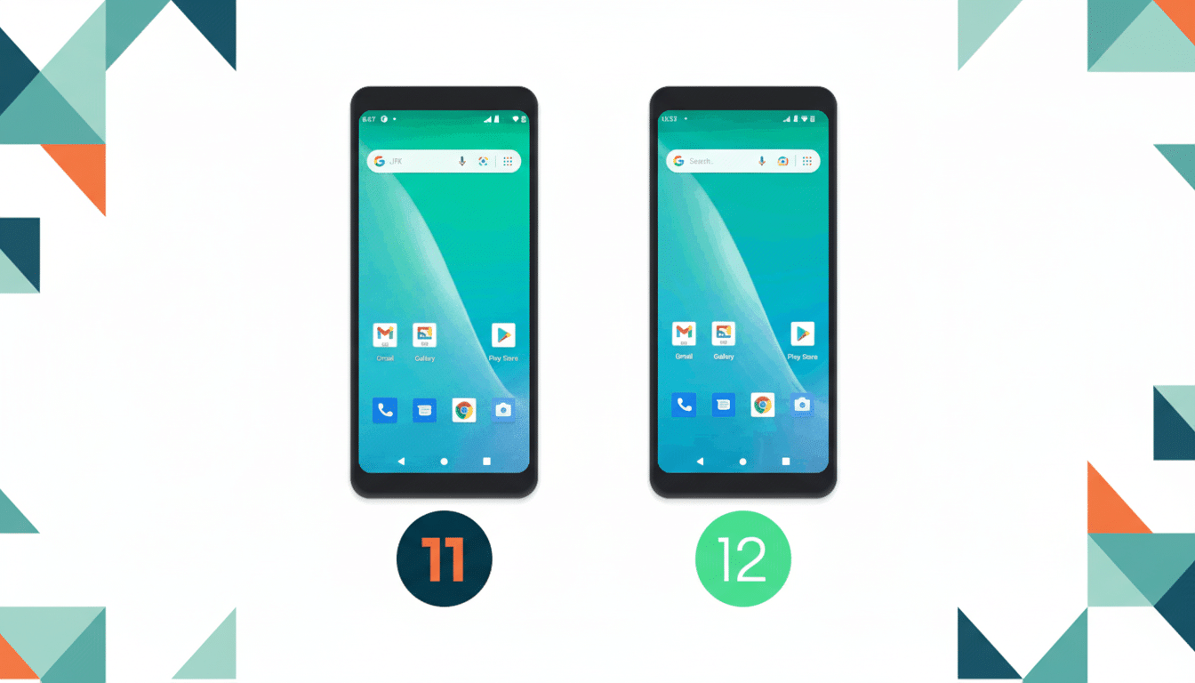 Two smartphones displaying different versions of an operating system, labeled 11 and 12, presented on a white background with a geometric pattern in the corners.