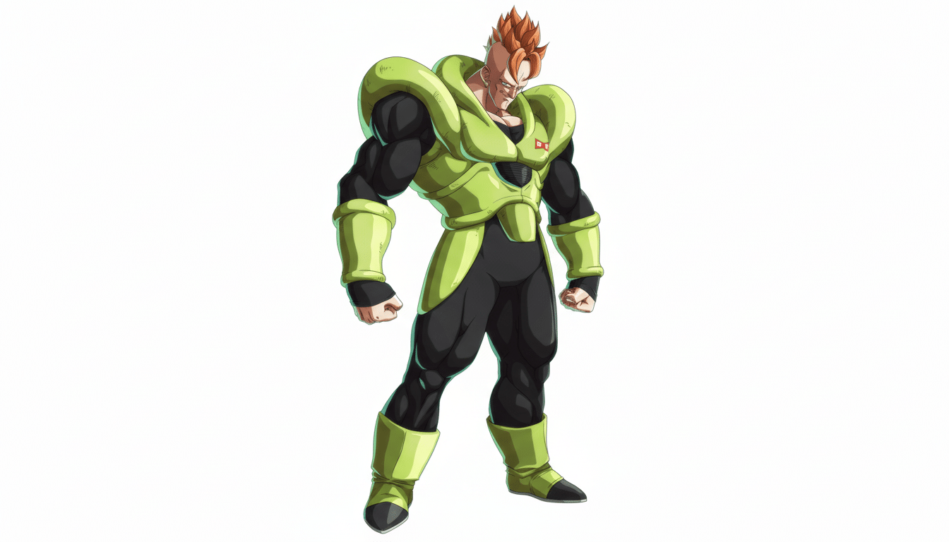 Android 16 from Dragon Ball Z, full body, standing, with a white background.