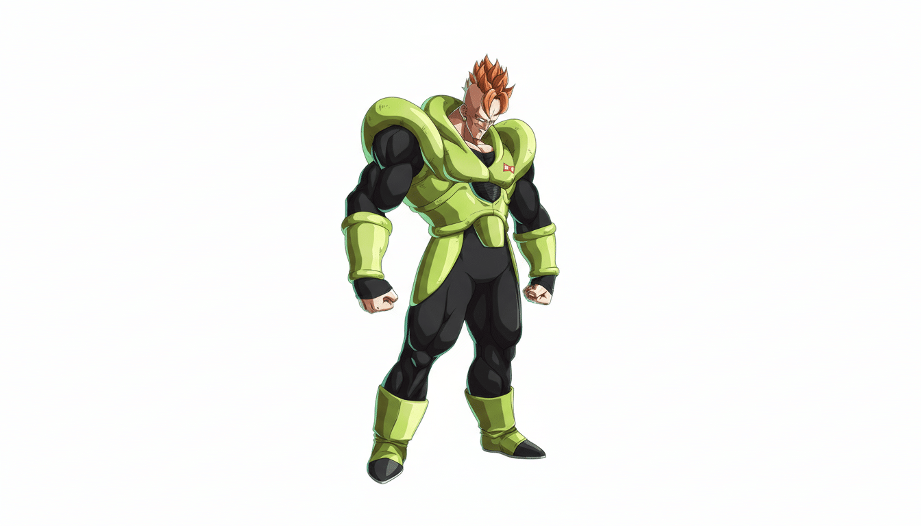 A full-body image of Android 16 from Dragon Ball Z, standing with a serious expression. He is wearing his signature green and black armor, with the Red Ribbon Army logo visible on his chest. The image is set against a clean white background and has been resized to a 16:9 aspect ratio.