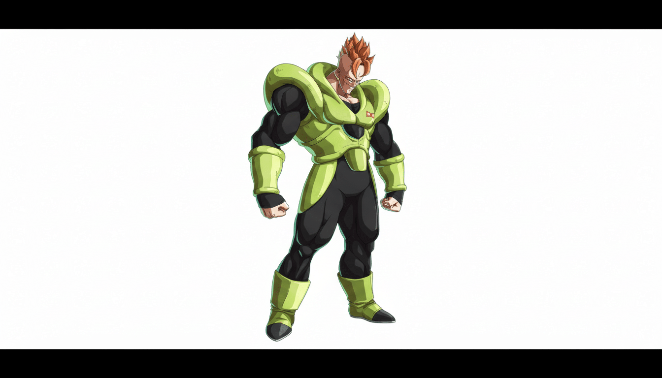 A 16:9 aspect ratio image of Android 16 from Dragon Ball Z, standing with a serious expression. He is wearing his signature green and black armor, with the Red Ribbon Army logo on his chest. The background is a clean white.