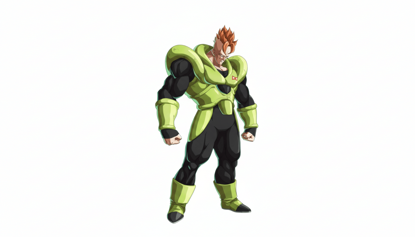Android 16 from Dragon Ball Z, full body, standing, with a white background.
